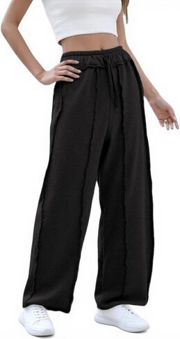 بنطال Bankeng النسائي الفضفاض بأرجل واسعة، سروال Palazzo كاجوال برباط الخصر، بنطلون رياضي مع جيوب in Kuwait