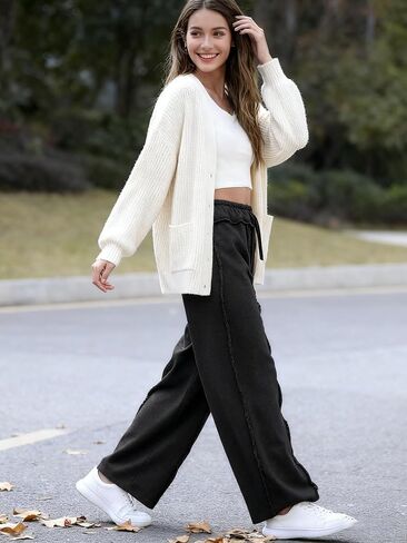 بنطال Bankeng النسائي الفضفاض بأرجل واسعة، سروال Palazzo كاجوال برباط الخصر، بنطلون رياضي مع جيوب in Kuwait