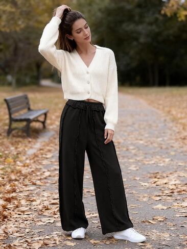 بنطال Bankeng النسائي الفضفاض بأرجل واسعة، سروال Palazzo كاجوال برباط الخصر، بنطلون رياضي مع جيوب in Kuwait