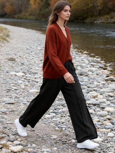 بنطال Bankeng النسائي الفضفاض بأرجل واسعة، سروال Palazzo كاجوال برباط الخصر، بنطلون رياضي مع جيوب in Kuwait