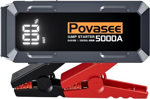 Povasee Jump Starter 5000A Car Jumper Starter، نموذج A30 12V صندوق القفز لبطارية السيارة حتى 10 لتر غاز أو 8 لتر محرك ديزل بطارية بداية متنقلة مع بنك الطاقة/مخرج مزدوج/إضاءة LED in Kuwait
