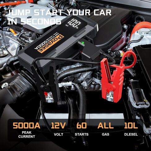 Povasee Jump Starter 5000A Car Jumper Starter، نموذج A30 12V صندوق القفز لبطارية السيارة حتى 10 لتر غاز أو 8 لتر محرك ديزل بطارية بداية متنقلة مع بنك الطاقة/مخرج مزدوج/إضاءة LED in Kuwait