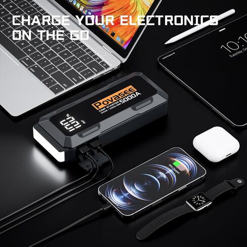 Povasee Jump Starter 5000A Car Jumper Starter، نموذج A30 12V صندوق القفز لبطارية السيارة حتى 10 لتر غاز أو 8 لتر محرك ديزل بطارية بداية متنقلة مع بنك الطاقة/مخرج مزدوج/إضاءة LED in Kuwait