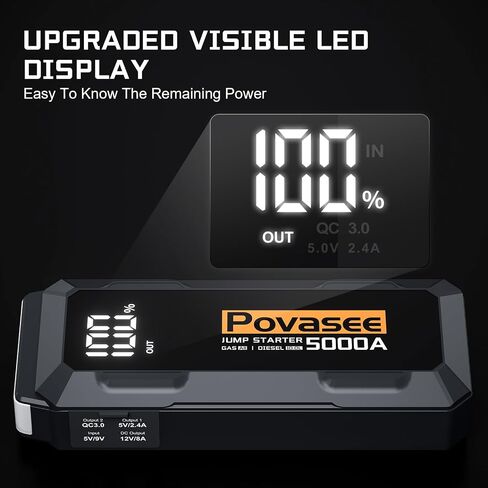 Povasee Jump Starter 5000A Car Jumper Starter، نموذج A30 12V صندوق القفز لبطارية السيارة حتى 10 لتر غاز أو 8 لتر محرك ديزل بطارية بداية متنقلة مع بنك الطاقة/مخرج مزدوج/إضاءة LED in Kuwait