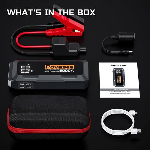 Povasee Jump Starter 5000A Car Jumper Starter، نموذج A30 12V صندوق القفز لبطارية السيارة حتى 10 لتر غاز أو 8 لتر محرك ديزل بطارية بداية متنقلة مع بنك الطاقة/مخرج مزدوج/إضاءة LED in Kuwait