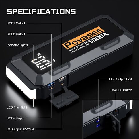 Povasee Jump Starter 5000A Car Jumper Starter، نموذج A30 12V صندوق القفز لبطارية السيارة حتى 10 لتر غاز أو 8 لتر محرك ديزل بطارية بداية متنقلة مع بنك الطاقة/مخرج مزدوج/إضاءة LED in Kuwait