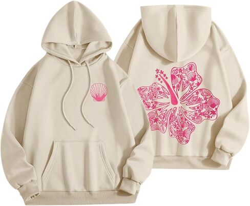 Womens Cute Pink Flower Hoodie Aesthetic Preppy Hawaiian Hibiscus Sweatshirt Casual Puff Graphic Hoodies Pullover Tops in Saudi Arabia