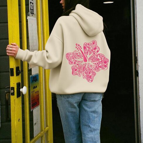 Womens Cute Pink Flower Hoodie Aesthetic Preppy Hawaiian Hibiscus Sweatshirt Casual Puff Graphic Hoodies Pullover Tops in Saudi Arabia