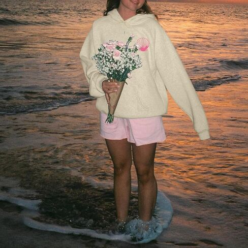 Womens Cute Pink Flower Hoodie Aesthetic Preppy Hawaiian Hibiscus Sweatshirt Casual Puff Graphic Hoodies Pullover Tops in Saudi Arabia