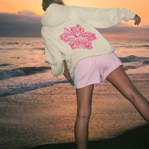 Womens Cute Pink Flower Hoodie Aesthetic Preppy Hawaiian Hibiscus Sweatshirt Casual Puff Graphic Hoodies Pullover Tops in Saudi Arabia