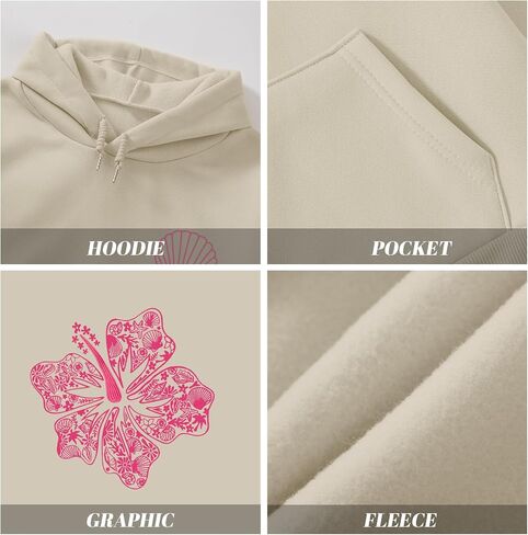 Womens Cute Pink Flower Hoodie Aesthetic Preppy Hawaiian Hibiscus Sweatshirt Casual Puff Graphic Hoodies Pullover Tops in Saudi Arabia