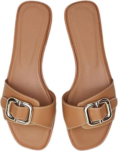 Women's One Word Flat Slippers Metal Buckle Square Toe Open Toe Slip-on Mules Sandals Fashion Sexy Dress Wedding Summer Chunky Heel Shoes in Saudi Arabia