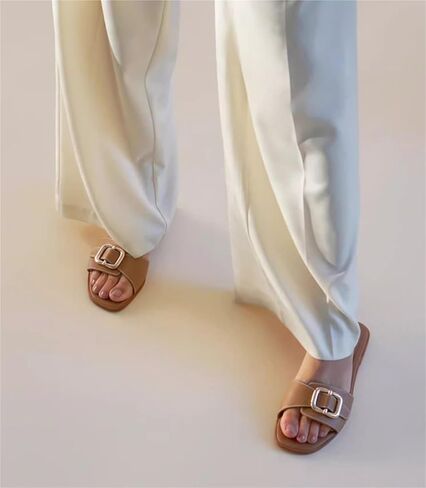 Women's One Word Flat Slippers Metal Buckle Square Toe Open Toe Slip-on Mules Sandals Fashion Sexy Dress Wedding Summer Chunky Heel Shoes in Saudi Arabia
