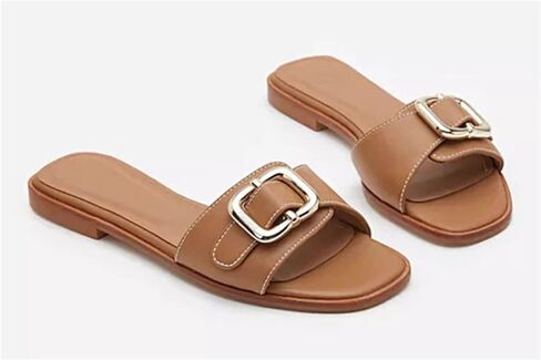 Women's One Word Flat Slippers Metal Buckle Square Toe Open Toe Slip-on Mules Sandals Fashion Sexy Dress Wedding Summer Chunky Heel Shoes in Saudi Arabia