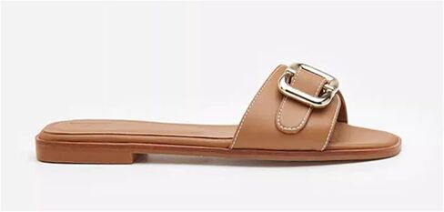 Women's One Word Flat Slippers Metal Buckle Square Toe Open Toe Slip-on Mules Sandals Fashion Sexy Dress Wedding Summer Chunky Heel Shoes in Saudi Arabia
