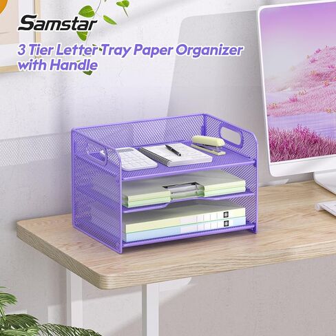 Samstar 3 Tier Letter Tray Paper Organizer with Handle, Mesh Desk Organizer Paper Sorter File Rack Shelves, Black in Kuwait