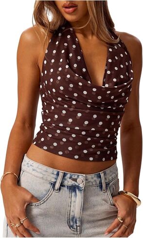 MakeMeChic Women's Polka Dots Halter Top Crop Draped Cowl Neck Sleeveless Y2K Going Out Top in Saudi Arabia