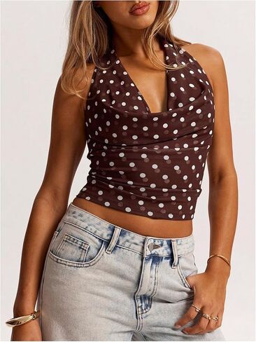 MakeMeChic Women's Polka Dots Halter Top Crop Draped Cowl Neck Sleeveless Y2K Going Out Top in Saudi Arabia