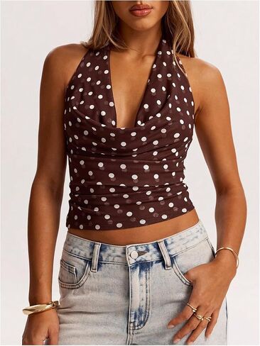 MakeMeChic Women's Polka Dots Halter Top Crop Draped Cowl Neck Sleeveless Y2K Going Out Top in Saudi Arabia