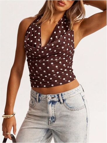 MakeMeChic Women's Polka Dots Halter Top Crop Draped Cowl Neck Sleeveless Y2K Going Out Top in Saudi Arabia
