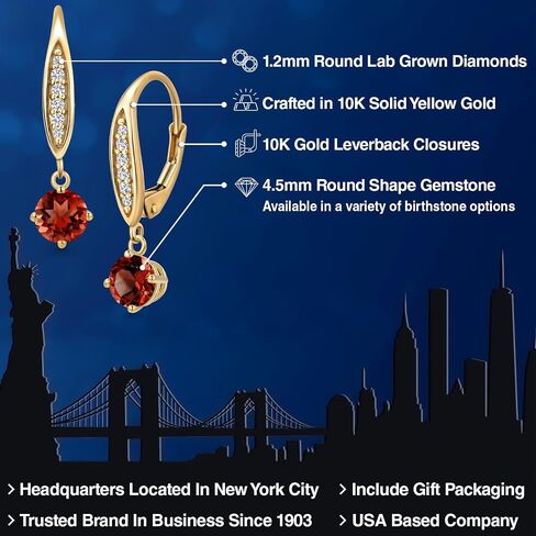 Gem Stone King 4.5MM Round Gemstone Birhtstone and Lab Grown Diamond Leverback Dangle Earrings for Women in 10K Yellow Gold | Fine Jewelry Gifts for Her Mom Women Wife in Saudi Arabia