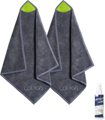 loukin 4 Pack Magnetic Cleaning Cloth, Microfiber Dry Erase Eraser, Washable Whiteboard Cleaning Cloth for Classroom, Home and Office, Gray, 12" x 12" - 3.4 fl oz Whiteboard Cleaner x 2 Included in Kuwait