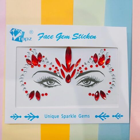 Topz Red Face Gems Mermaid Face Jewels أحجار الراين ملصقات كريستال أكريليك ذاتية اللصق لمهرجان كرنفال الهالوين عيد الميلاد وجه الجسم (V4 أحمر) in Kuwait