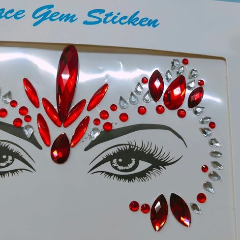 Topz Red Face Gems Mermaid Face Jewels أحجار الراين ملصقات كريستال أكريليك ذاتية اللصق لمهرجان كرنفال الهالوين عيد الميلاد وجه الجسم (V4 أحمر) in Kuwait