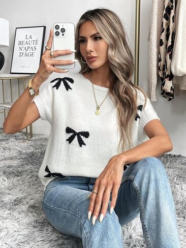 سترة نسائية من GORGLITTER بأكمام قصيرة على شكل فيونكة خفيفة الوزن ورقبة دائرية، بلوفر محبوك in Saudi Arabia