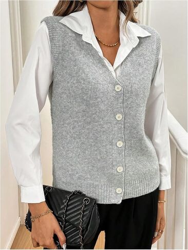 MakeMeChic Women's Casual V Neck Button Down Sleeveless Knit Lightweight Sweater Vest Tops in Saudi Arabia
