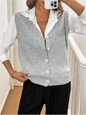 MakeMeChic Women's Casual V Neck Button Down Sleeveless Knit Lightweight Sweater Vest Tops in Saudi Arabia