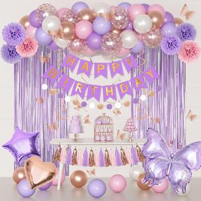 Pink Birthday Party Decorations, Happy Birthday Banner Tablecloth Cake Toppers Fringe Curtain Tassels Pink and White Confetti Foil Balloons for Girls Women Wedding Baby Shower Party Supplies in Kuwait