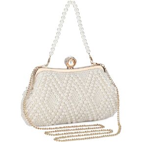 حقيبة يد مسائية لؤلؤية مطرزة على الكتف محفظة كروس مع سلسلة لحفلات الزفاف وحفلات التخرج هدية للسيدات والسيدات E-Beige in Kuwait