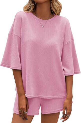 Tankaneo Womens 2 Piece Outfits Sweater Set Lounge Sets 3/4 Sleeve Oversized Tops and Elastic Waist Shorts Pajama Sets in Saudi Arabia