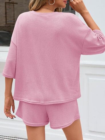 Tankaneo Womens 2 Piece Outfits Sweater Set Lounge Sets 3/4 Sleeve Oversized Tops and Elastic Waist Shorts Pajama Sets in Saudi Arabia