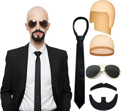 Mepase 5 Pcs Halloween Mr World Costume Accessories Bald Cap Glasses Black Tie Mustache Set for Women Men Halloween Cosplay in Saudi Arabia