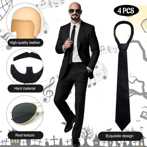 Mepase 5 Pcs Halloween Mr World Costume Accessories Bald Cap Glasses Black Tie Mustache Set for Women Men Halloween Cosplay in Saudi Arabia