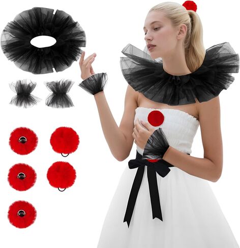 Clown Neck Ruffle Collar and Cuffs with Red Pompoms Vintage Jester Costume for Halloween Renaissance Victorian Choker in Saudi Arabia