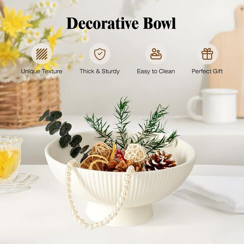 Decorative Bowl Modern Ceramic White Decor Bowls for Home Decor, Fruit Bowl for Kitchen Counter Key Bowl for Entryway Table, 8" Pedestal Footed Bowls Decorative Trays for Coffee Table in Kuwait