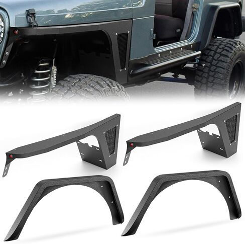 لـ Wrangler YJ مشاعل الحاجز الخلفي المسطح المتوافقة مع 1987 1988 1989 1990 1991 1992 1993 1994 1995 1996 Jeep Wrangler YJ، مجموعة حماية الطين للعجلات الفولاذية شديدة التحمل للطرق الوعرة (قطعتان، أسود) in Saudi Arabia