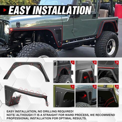 لـ Wrangler YJ مشاعل الحاجز الخلفي المسطح المتوافقة مع 1987 1988 1989 1990 1991 1992 1993 1994 1995 1996 Jeep Wrangler YJ، مجموعة حماية الطين للعجلات الفولاذية شديدة التحمل للطرق الوعرة (قطعتان، أسود) in Saudi Arabia