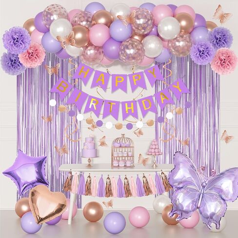 Pink Birthday Party Decorations, Happy Birthday Banner Tablecloth Cake Toppers Fringe Curtain Tassels Pink and White Confetti Foil Balloons for Girls Women Wedding Baby Shower Party Supplies in Kuwait
