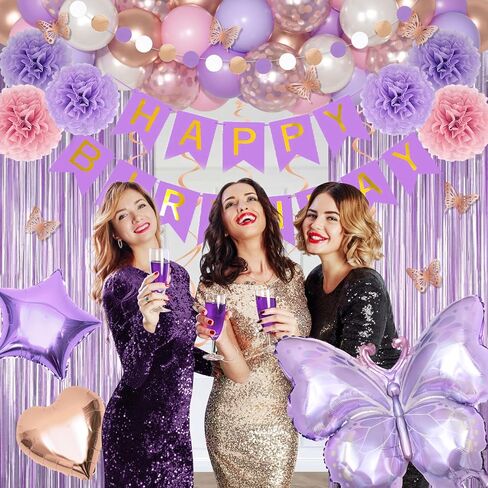 Pink Birthday Party Decorations, Happy Birthday Banner Tablecloth Cake Toppers Fringe Curtain Tassels Pink and White Confetti Foil Balloons for Girls Women Wedding Baby Shower Party Supplies in Kuwait