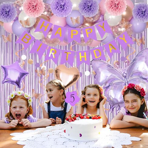 Pink Birthday Party Decorations, Happy Birthday Banner Tablecloth Cake Toppers Fringe Curtain Tassels Pink and White Confetti Foil Balloons for Girls Women Wedding Baby Shower Party Supplies in Kuwait