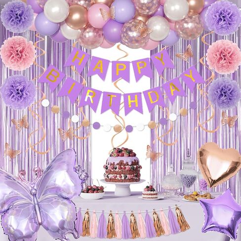 Pink Birthday Party Decorations, Happy Birthday Banner Tablecloth Cake Toppers Fringe Curtain Tassels Pink and White Confetti Foil Balloons for Girls Women Wedding Baby Shower Party Supplies in Kuwait