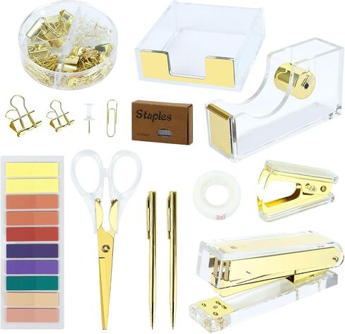 Desk Accessories Kit, Office Supplies Set with Acrylic Stapler, Tape Dispenser, Staple Remover, Staples, Clips, Sticky Note, Ballpoint Pen, Scissor, Transparent Tape, Sticky Note Holder in Saudi Arabia