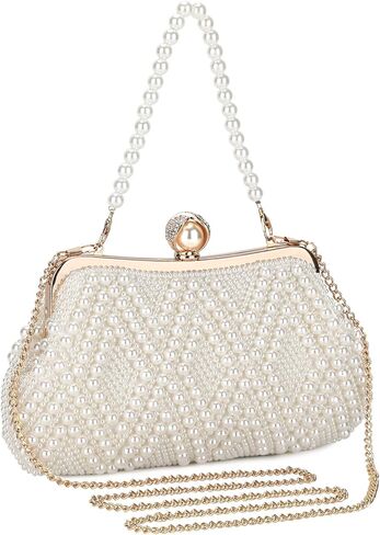 حقيبة يد مسائية لؤلؤية مطرزة على الكتف محفظة كروس مع سلسلة لحفلات الزفاف وحفلات التخرج هدية للسيدات والسيدات E-Beige in Kuwait