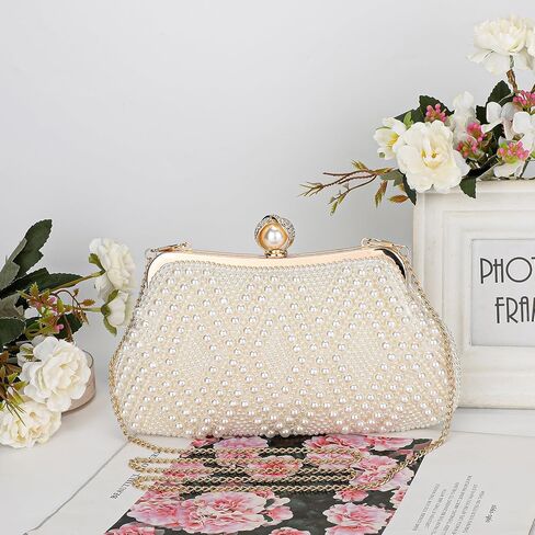 حقيبة يد مسائية لؤلؤية مطرزة على الكتف محفظة كروس مع سلسلة لحفلات الزفاف وحفلات التخرج هدية للسيدات والسيدات E-Beige in Kuwait