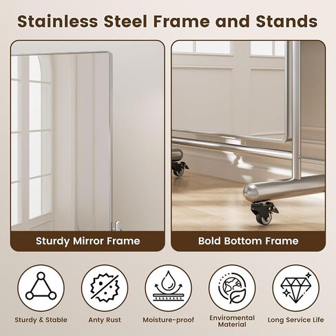 Large Full Length Floor Mirror with Mobile Rolling Wheels 71"x40", Oversized Tiltable Modern Standing Mirror, Tempered Glass, Metal Frame, for Dressing Room, Dance Studio,Clothing Store (X Large) in Saudi Arabia