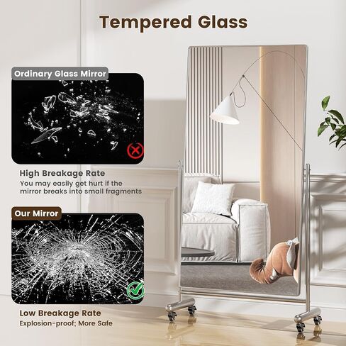 Large Full Length Floor Mirror with Mobile Rolling Wheels 71"x40", Oversized Tiltable Modern Standing Mirror, Tempered Glass, Metal Frame, for Dressing Room, Dance Studio,Clothing Store (X Large) in Saudi Arabia